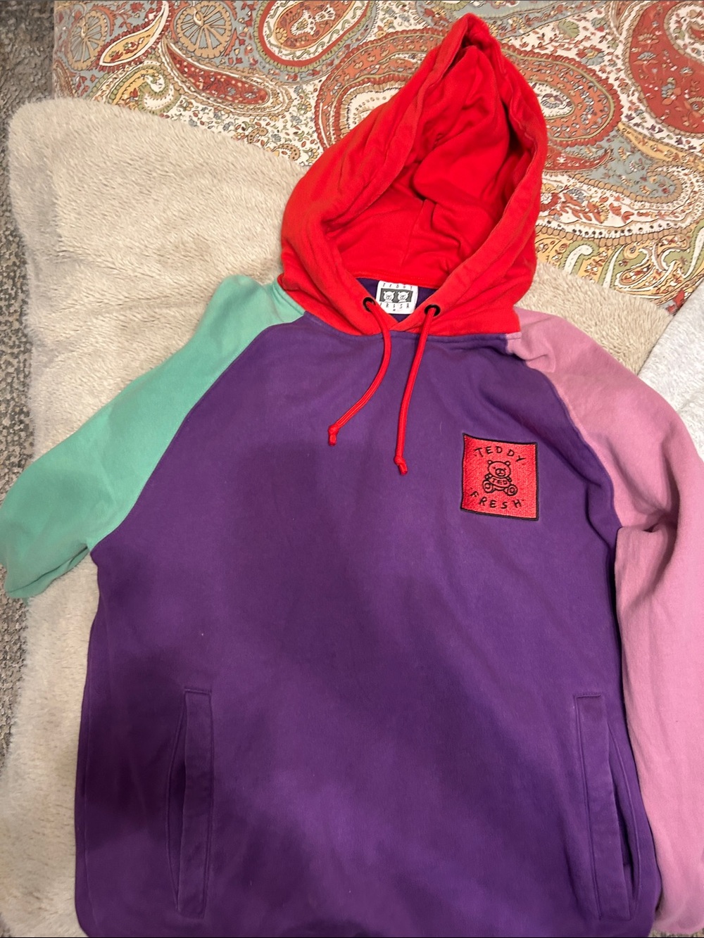 Teddy Fresh Purple Hoodie with Red Hood, Mint & Pink Sleeves